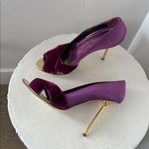 Gianmarco Lorenzi Purple Silk & Velvet Gold Sole Stiletto Heels Made in Italy 36